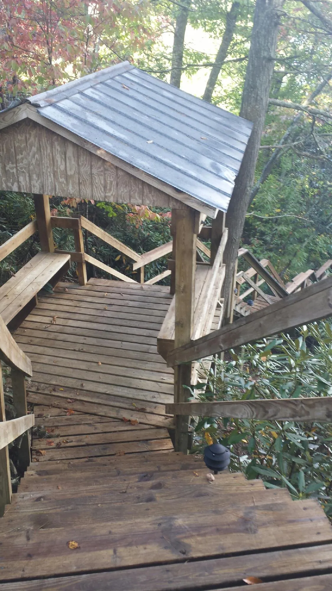 Metal roofed shelter over wooden steps on a wooded walkway — Skylight Repair & Installation work by our crew in Alloy